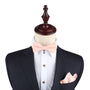 A mannequin exudes charm dressed in a dark suit, white shirt, and baby pink bow tie, complete with a matching pocket square for that dapper touch.