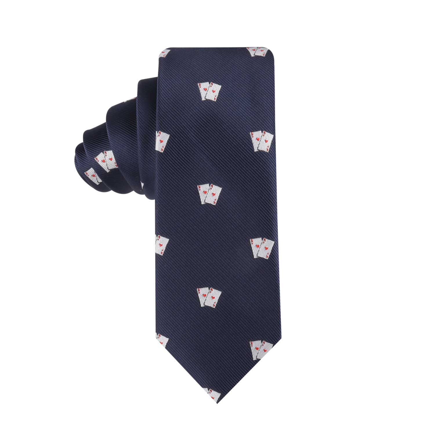 Elevate your style with the Poker Cards Skinny Tie, a navy blue necktie featuring a playful pattern of cards.