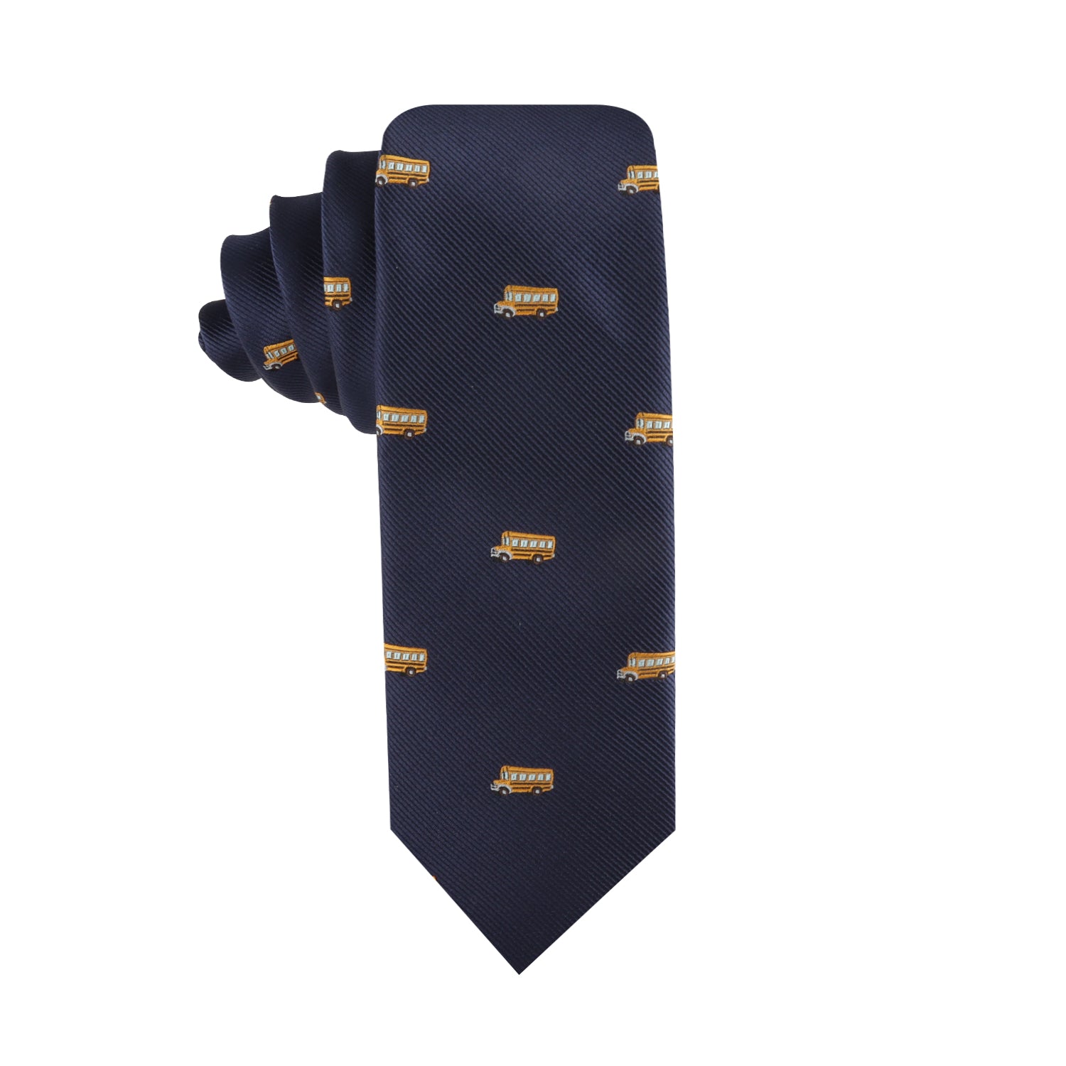 School Bus Skinny Tie with a pattern of small yellow and brown rectangular logos, displayed against a white background.