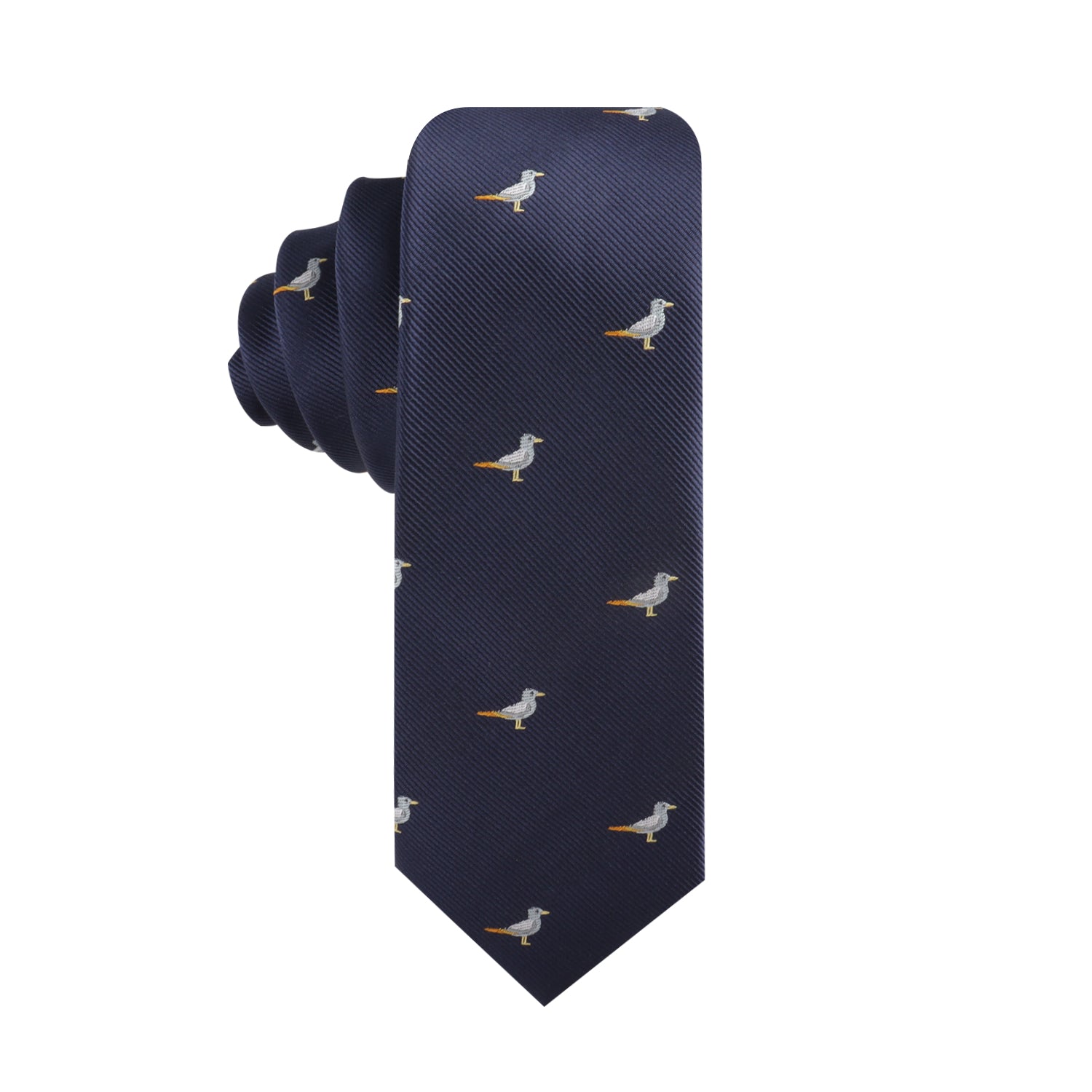 Introducing the Seagul Skinny Tie: a navy blue accessory enhanced with delicate embroidered seagull motifs, offering a style that gracefully spans from coast to coast.