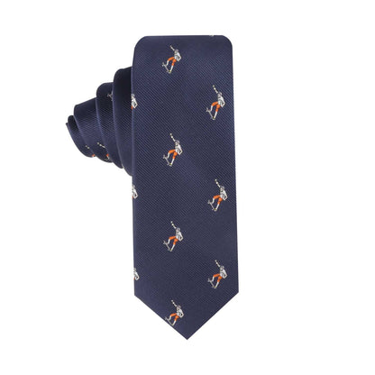 A navy blue Skateboarder Skinny Tie featuring a pattern of small, repeated skateboarder motifs in orange and white adds a flair of confidence to any ensemble.