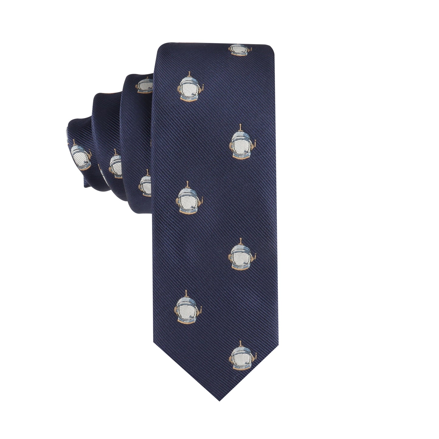 Elevate your style with the Spaceman Skinny Tie in navy blue, featuring small, repeating patterns of helmet designs, perfect for adding a touch of sophistication.