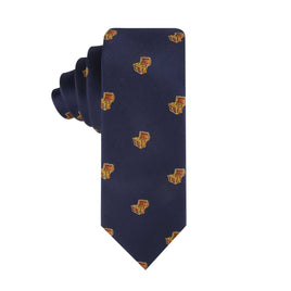 Treasure Chest Skinny Tie with crest patterns on a white background.