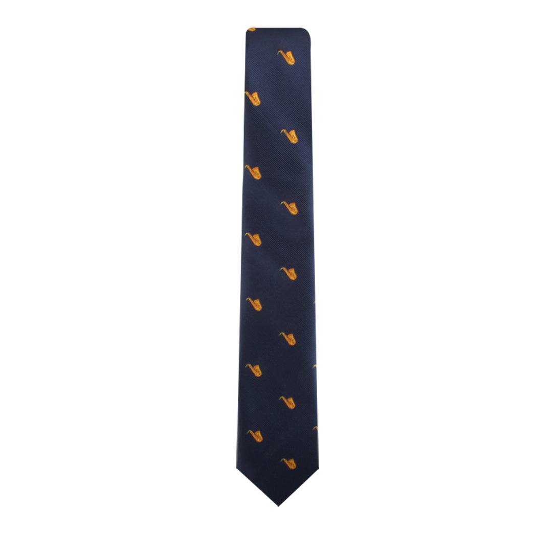 Saxophone Skinny Tie redefined with a repeating duck pattern, embodying musical elegance.