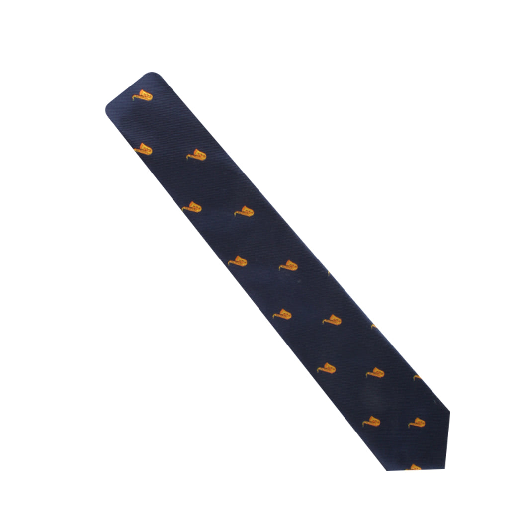 Saxophone Skinny Tie with duck pattern redefined, isolated on white background.
