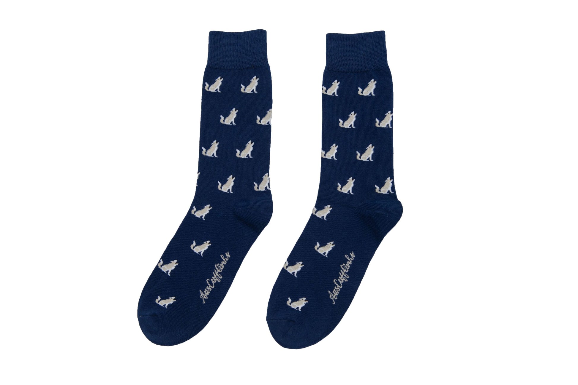 A pair of Wolf Socks with a pattern of white rabbits and the brand name written near the toe area, designed to lead the pack with every step.