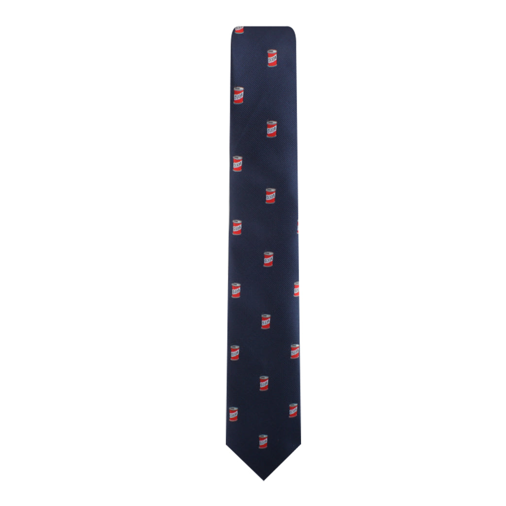 The Soda Skinny Tie, featuring a pop art-inspired pattern of red and white soup cans on a dark blue background, is a refreshing addition to any wardrobe.