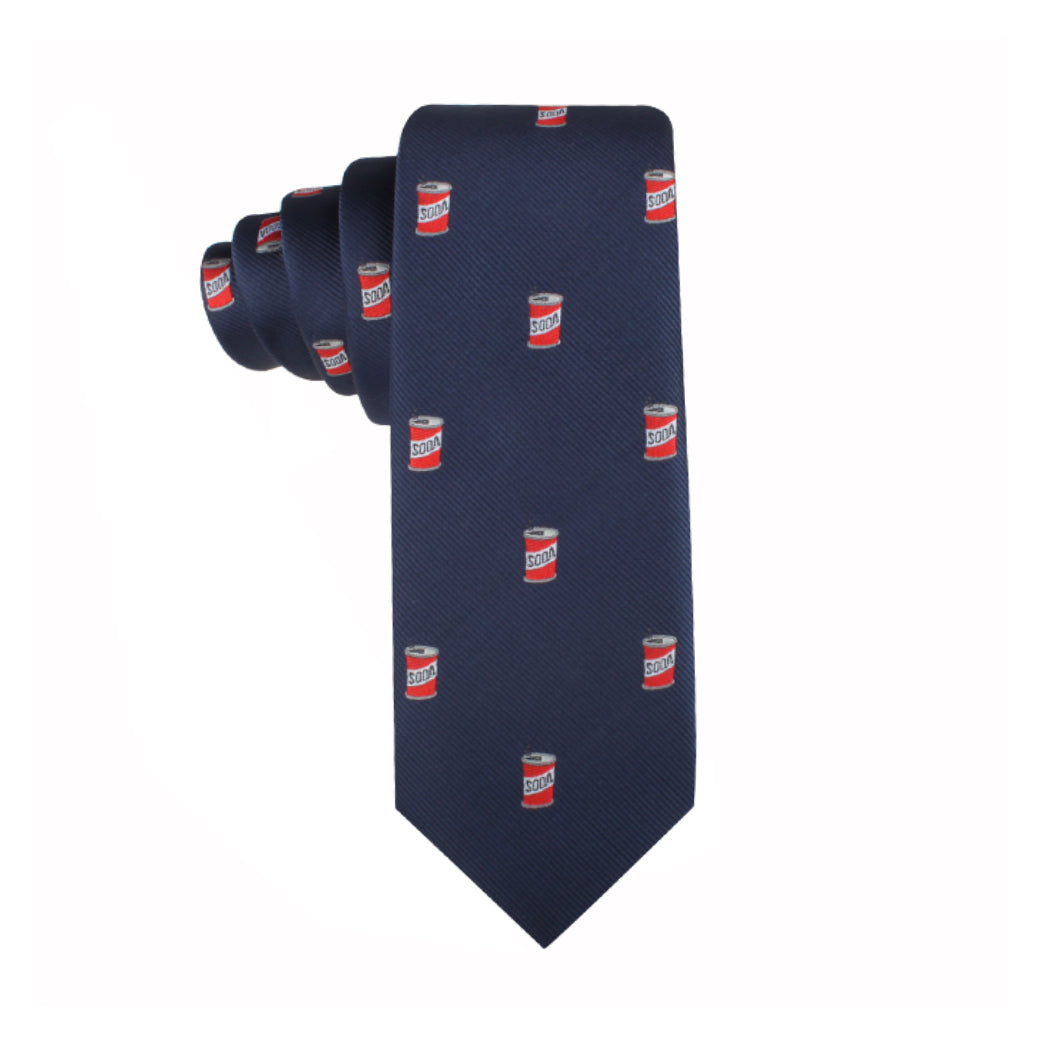 Introducing the Soda Skinny Tie, a captivating dark blue necktie that exudes a refreshing pop art vibe with its pattern of small red and white soup can images.