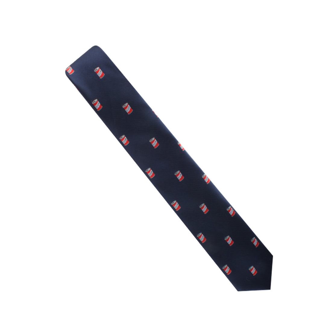 The Soda Skinny Tie features a striking pattern of red and white striped cylindrical objects on a dark blue background, adding a touch of style to any ensemble.