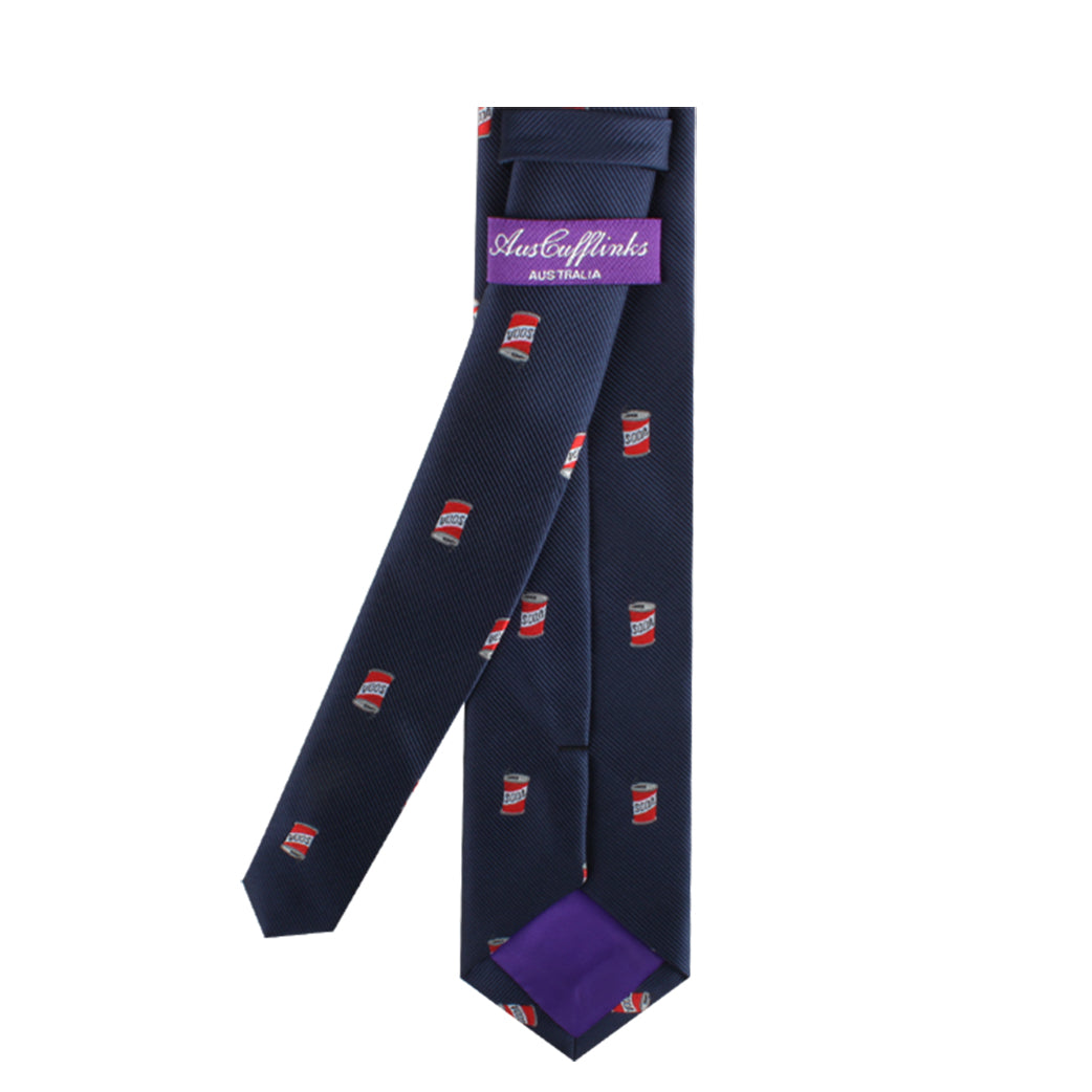 Introducing the Soda Skinny Tie: A navy blue tie adorned with a vibrant pattern of red and white coffee cups, enhanced by a striking purple label that reads "AustCufflinks Australia.