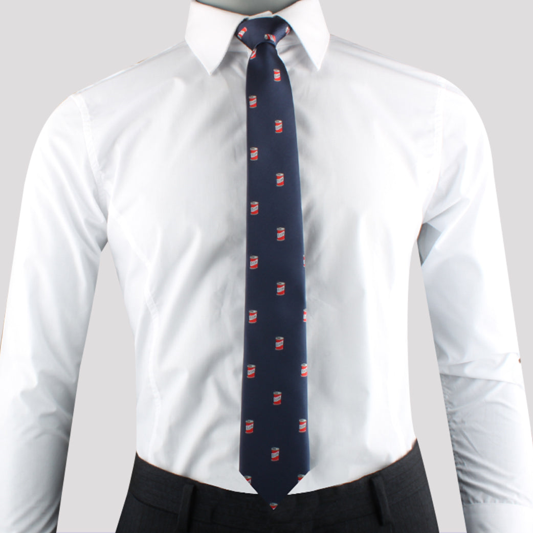 A person in a white dress shirt with a Soda Skinny Tie featuring a small, stylish pattern adds a refreshing pop to their attire.