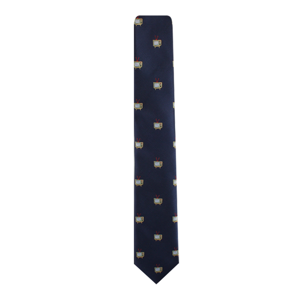 The TV Skinny Tie, featuring a pattern of small television icons with red antennas on navy blue, embodies elegance and a touch of entertainment flair.