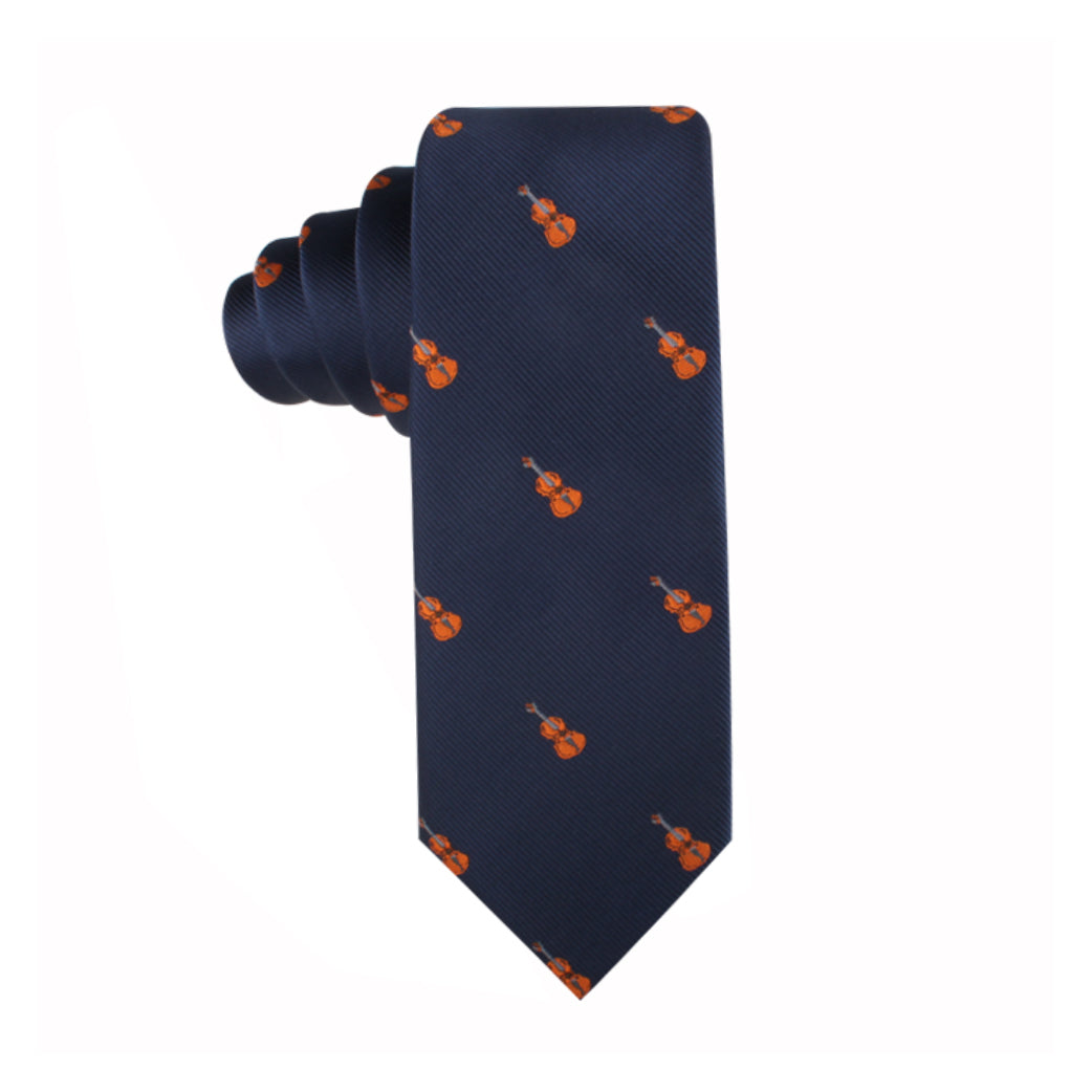 A melodic fashion tribute featuring a Violin Skinny Tie with an orange ukulele motif.