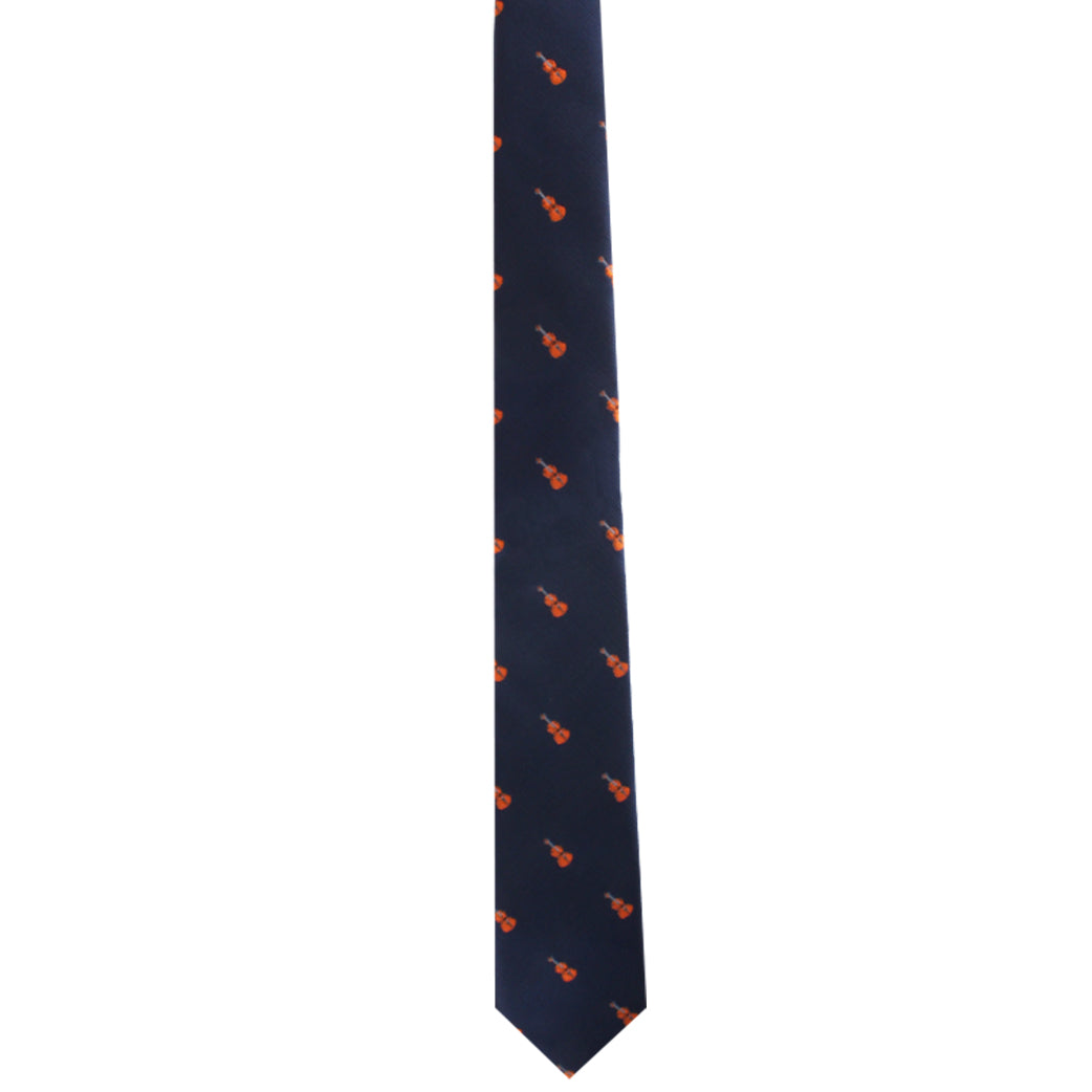 A tribute to fashion with a melodic orange and blue design on the Violin Skinny Tie.