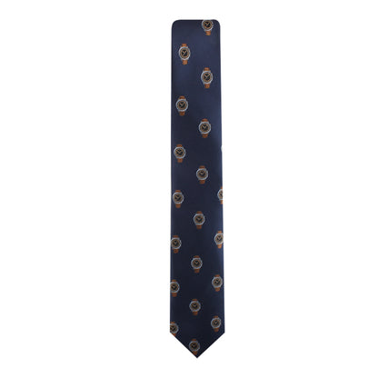 Watch Skinny Tie showcasing timeless elegance with a pattern of golden circular emblems, isolated on a white background.