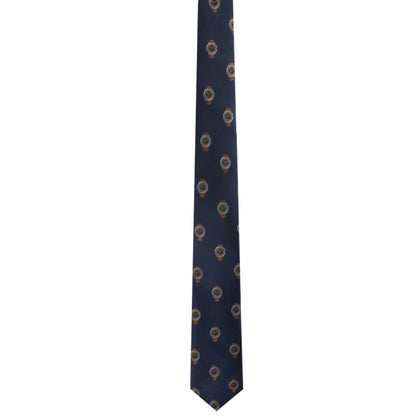 A navy blue Watch Skinny Tie featuring a pattern of small, circular, multicolored paisley designs that exude timeless elegance.