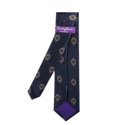 Watch Skinny Tie with circular gold patterns, embodying timeless elegance, displayed in an open purple gift box with a "just cufflinks" label.