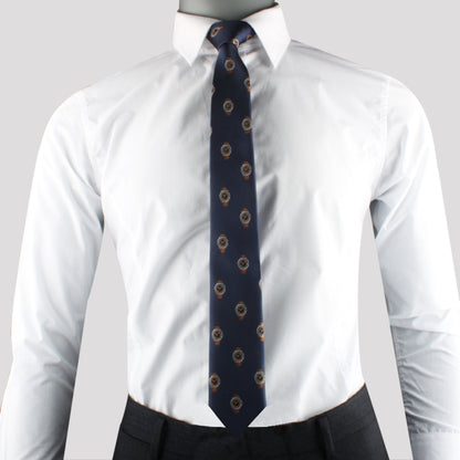 Mannequin wearing a white dress shirt and a blue Watch Skinny Tie with timeless elegance coin patterns, against a gray background.
