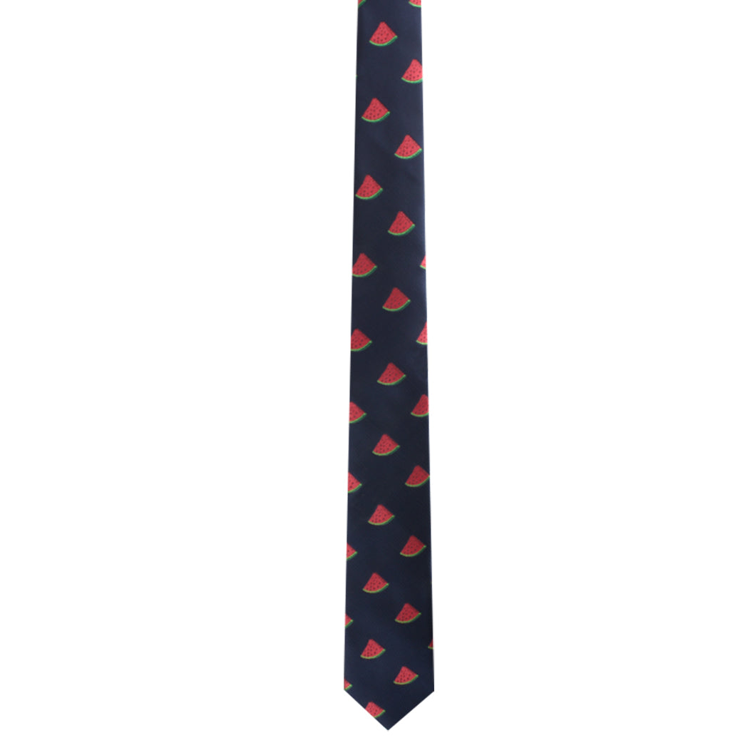 A black Watermelon Skinny Tie with a pattern of small red and green watermelon slices, adding a touch of summertime freshness to your style.