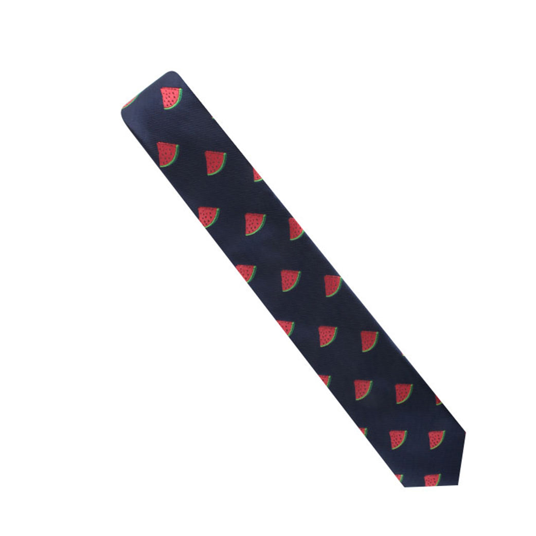 A dark blue Watermelon Skinny Tie with a fresh pattern of red watermelon slices evenly spaced along its length, perfect for adding a touch of Summertime style to any outfit.