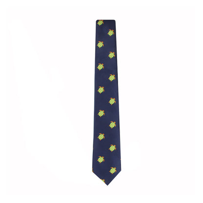Green Turtle Skinny Tie with evenly spaced yellow and green floral patterns exuding natural elegance on a plain white background.