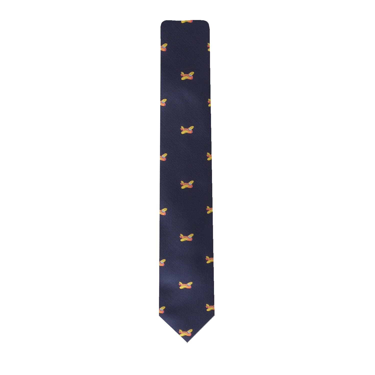 An Orange Aircraft Skinny Tie featuring a pattern of small aircraft evenly spaced across its fabric, adding a touch of vibrant style to any outfit.