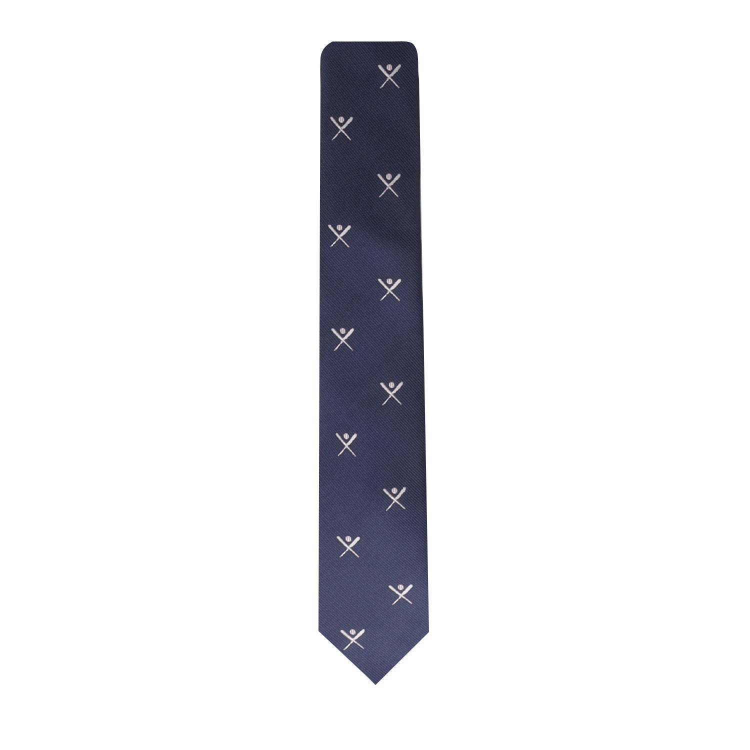 The Crossed Baseball Skinny Tie, featuring a navy blue design with a repeating pattern of small crossed baseball bats, exudes elegance, making it perfect for any occasion.