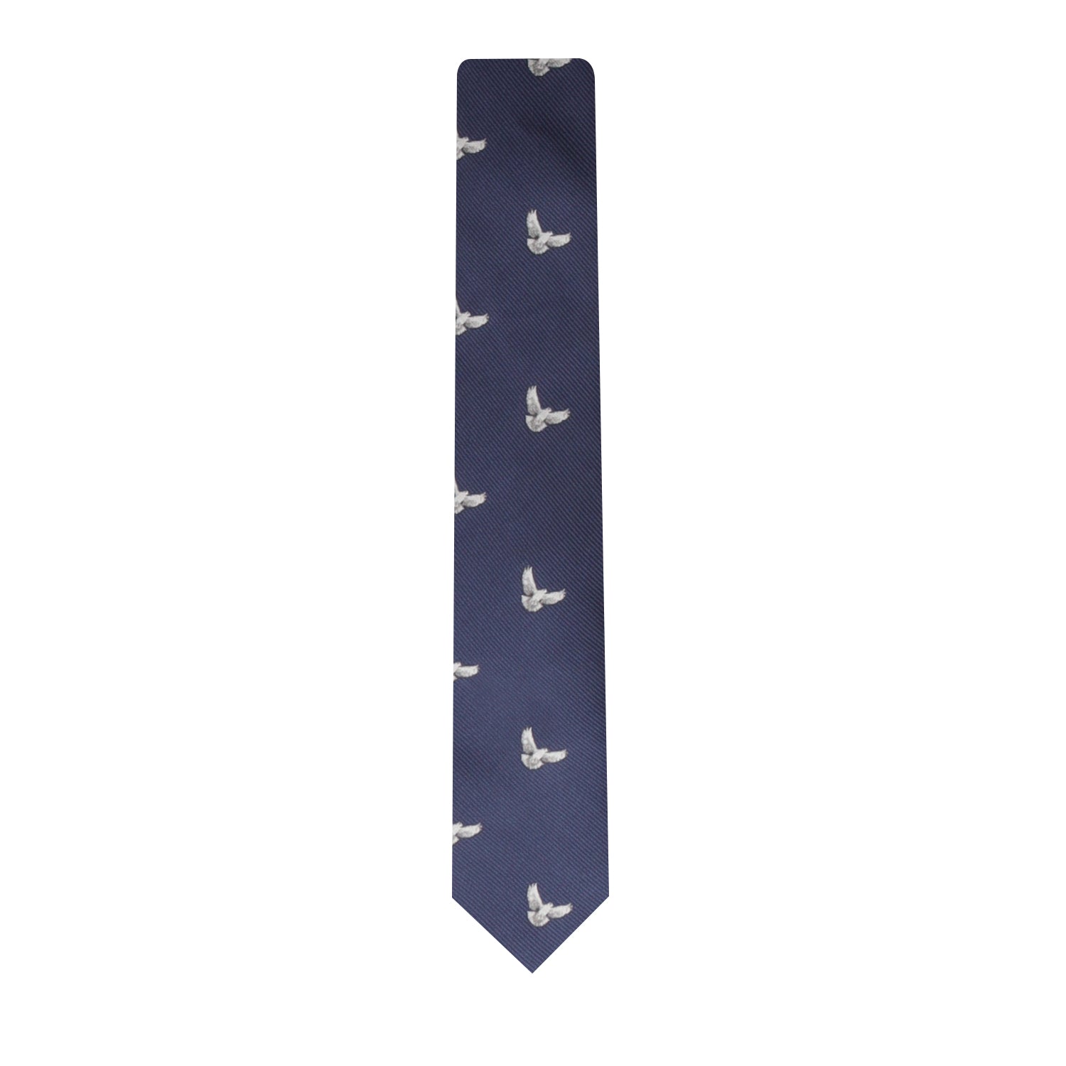 A Dove Skinny Tie with a repeated pattern of flying white birds, symbolizing peace and adding a touch of style.