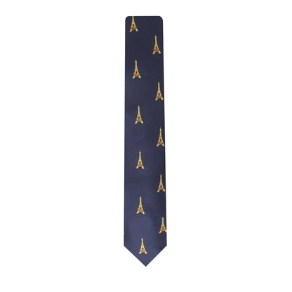 The Eiffel Tower Skinny Tie, featuring a navy blue background adorned with yellow Eiffel Tower motifs, exudes Parisian elegance with its woven design.