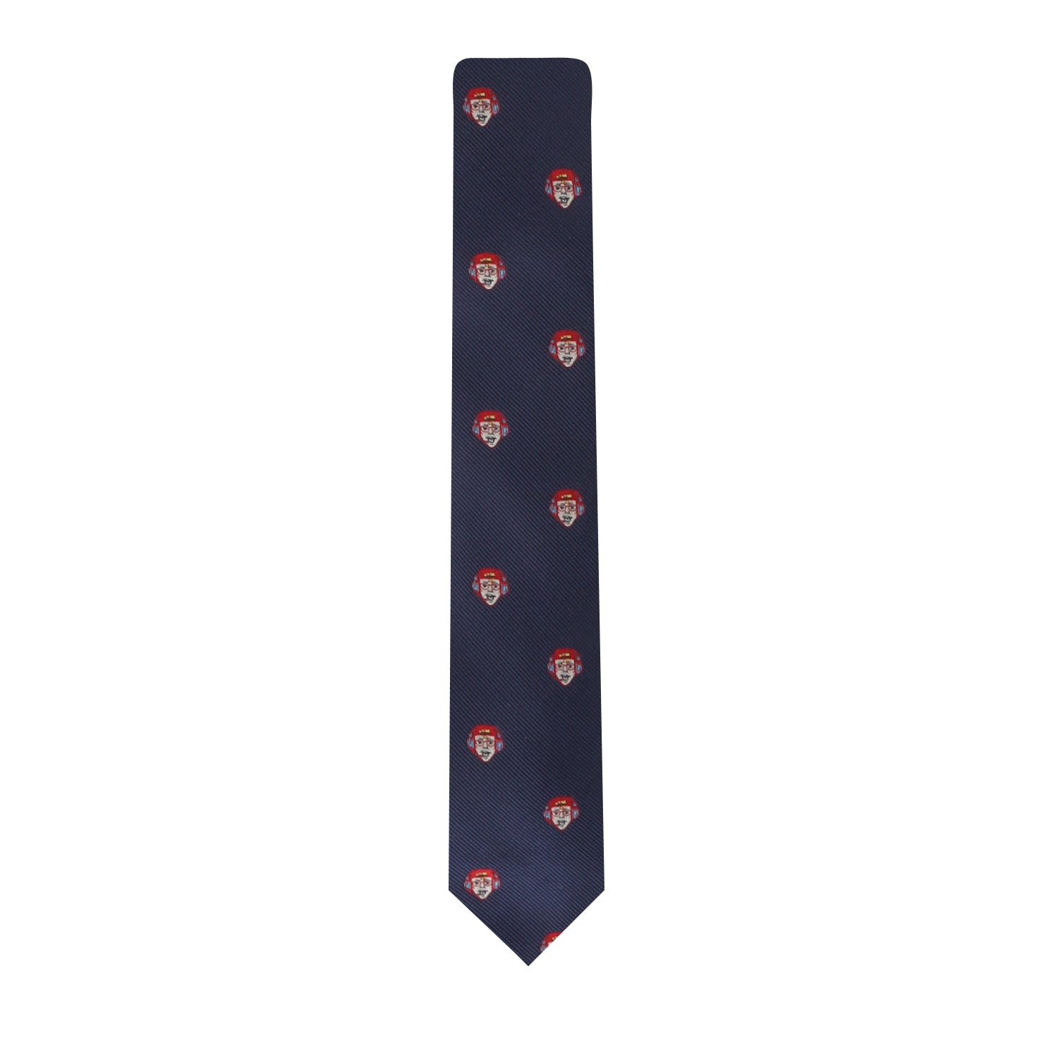 Effortlessly upgrade your style with the Gamer Face Skinny Tie, featuring a navy blue background and a repeating pattern of red and white helmet emblems.