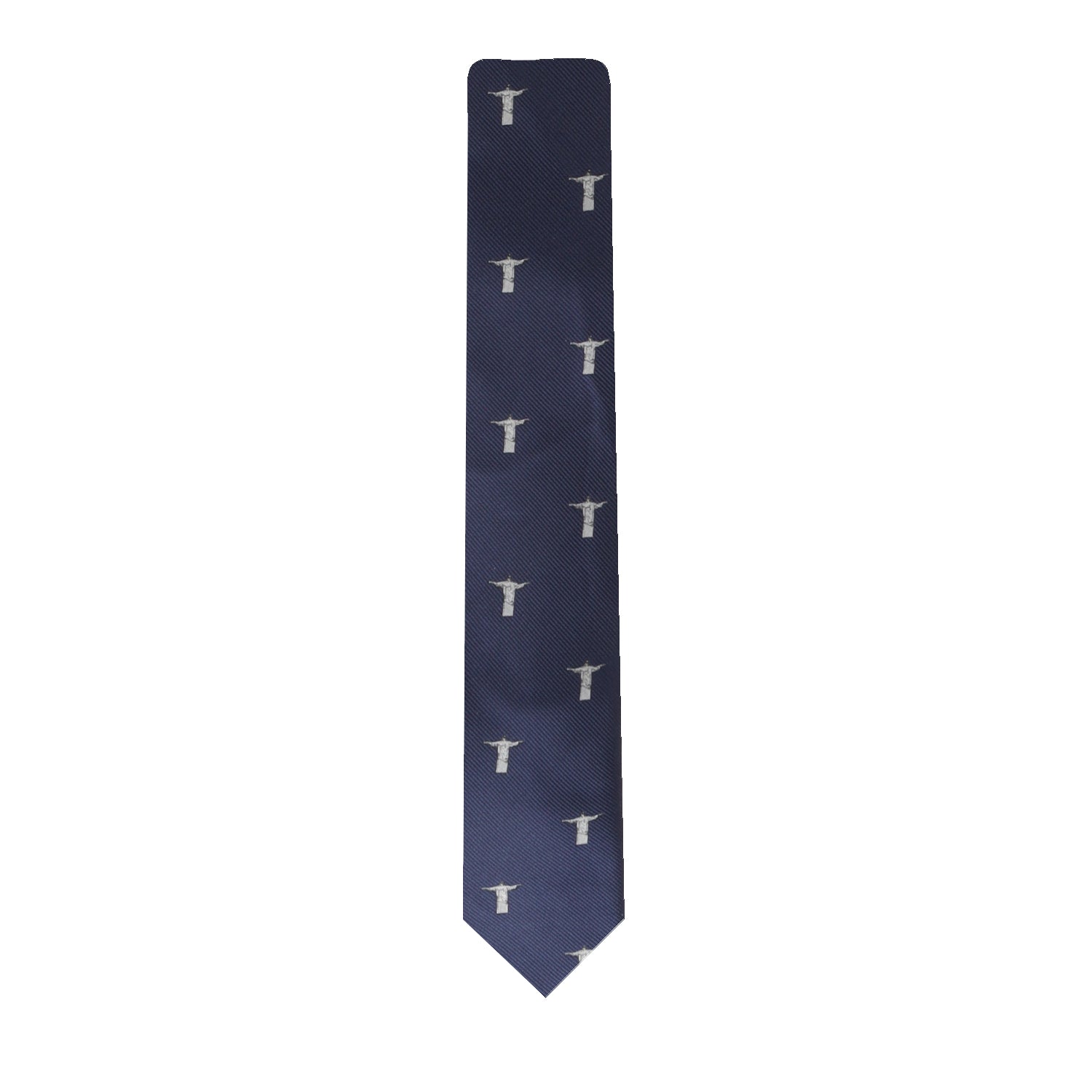 A Jesus Christ The Redeemer Skinny Tie in navy blue with a stylish pattern of small guitar symbols.