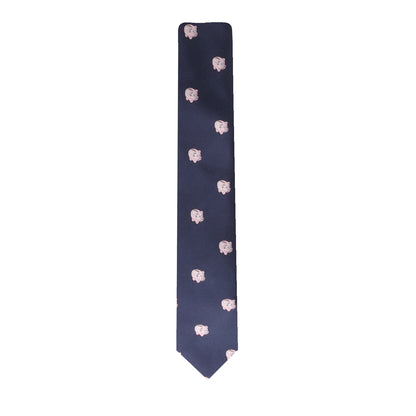A navy-blue Piggy Bank Skinny Tie with repeated small pink design patterns evenly spaced throughout, imparting a touch of sophistication. Invest in this standout accessory to elevate your ensemble.