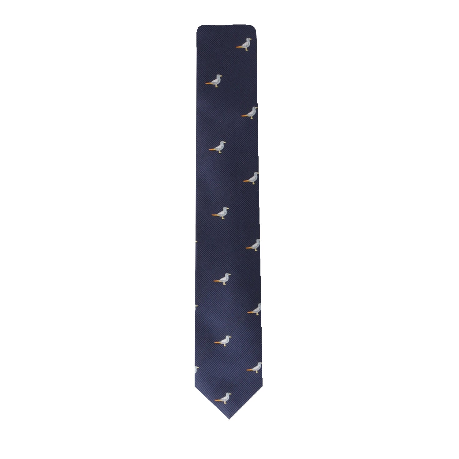 Introducing the Seagull Skinny Tie: a navy blue accessory adorned with a pattern of small white seagulls, designed to elevate your confidence.