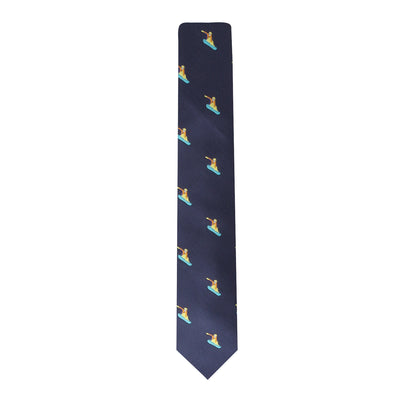 A navy blue Snowboarder Skinny Tie featuring a repeating pattern of a person snowboarding on teal blue slopes, adding a dash of slope style to your attire.