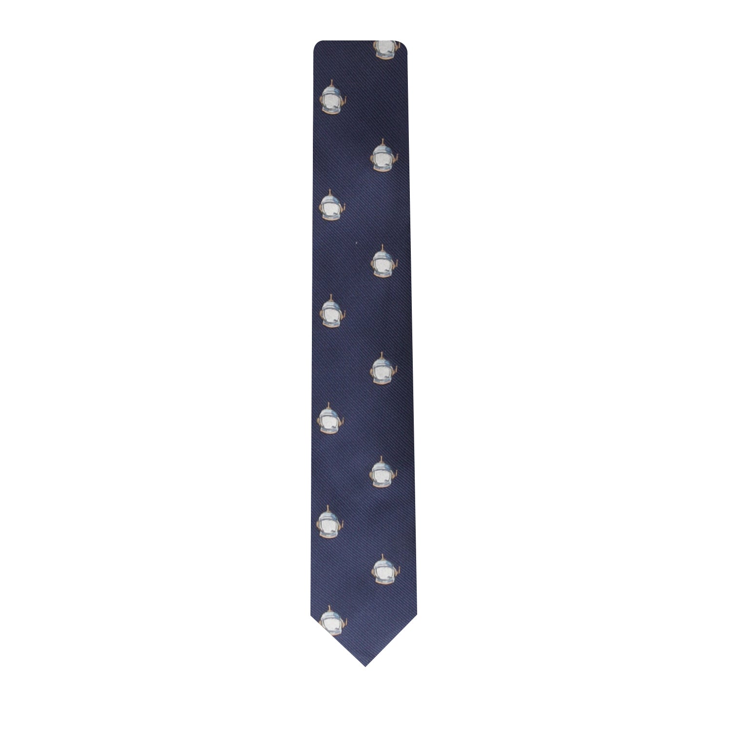 Elevate your style with the Spaceman Skinny Tie, a navy blue necktie adorned with a pattern of small white dome structures that evoke the imagery of distant galaxies.