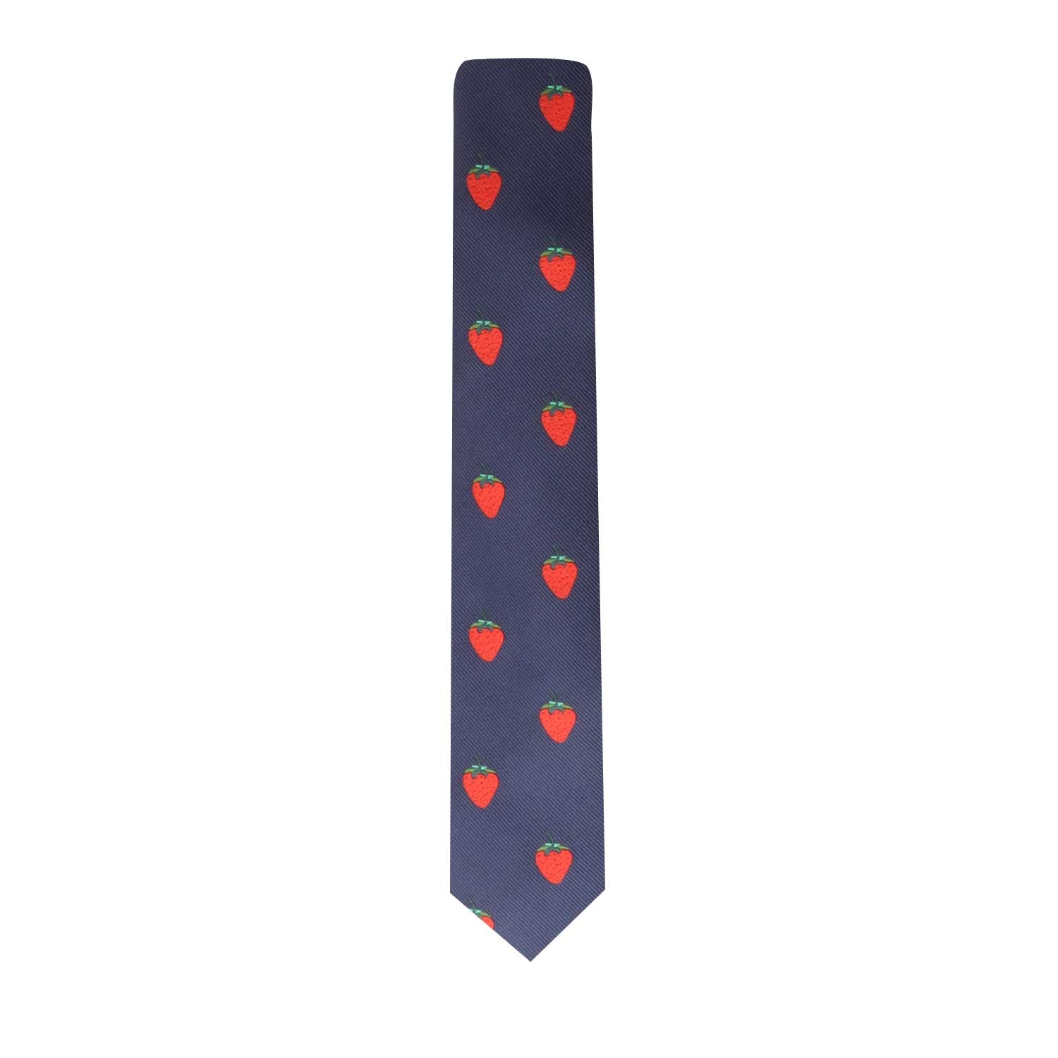 The Strawberry Skinny Necktie infuses a fruity charm into your look with its navy design adorned with red strawberries.