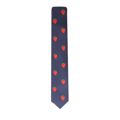 The Strawberry Skinny Necktie infuses a fruity charm into your look with its navy design adorned with red strawberries.