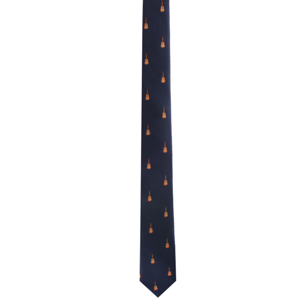 A navy blue Guitar Skinny Tie featuring a pattern of small orange guitar motifs, expressed stylishly against a plain background.