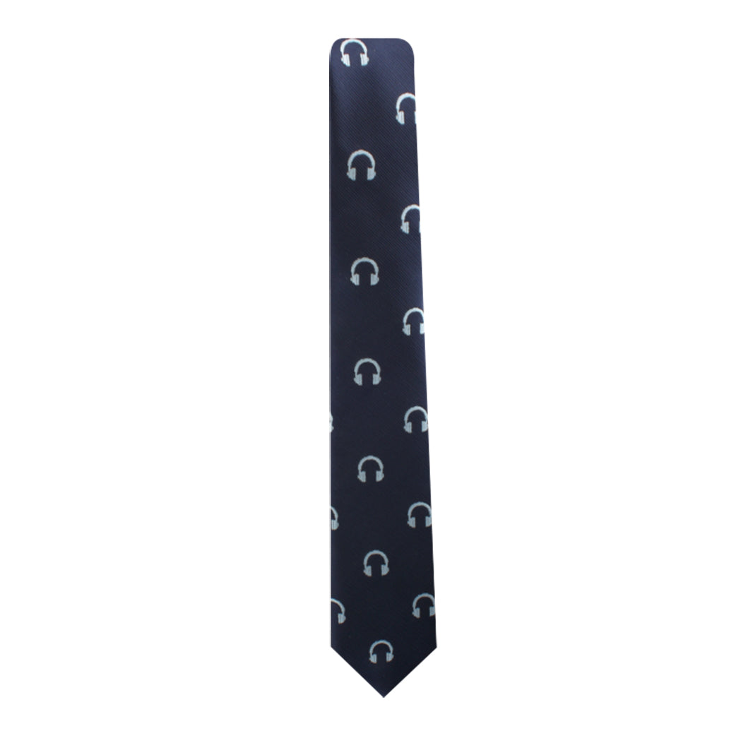 A contemporary elegance Headphone Skinny Tie with a pair of musical headphones on it.