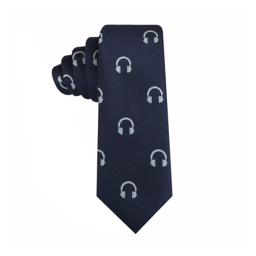 A Headphone Skinny Tie with contemporary elegance, adorned with headphones.