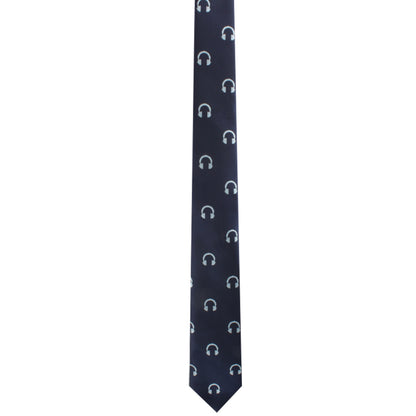 A contemporary Headphone Skinny Tie with a white horse on it, exuding elegance.