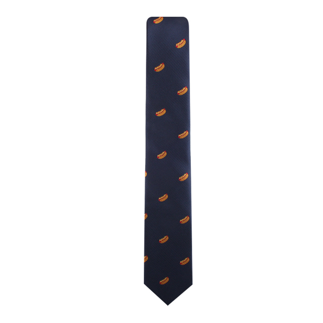 The Hotdog Skinny Tie in navy features a pattern of small, orange hotdog motifs, bringing a touch of culinary charisma to any ensemble.