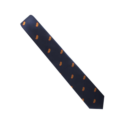 A navy blue tie adorned with a charismatic pattern of small, orange hotdogs.