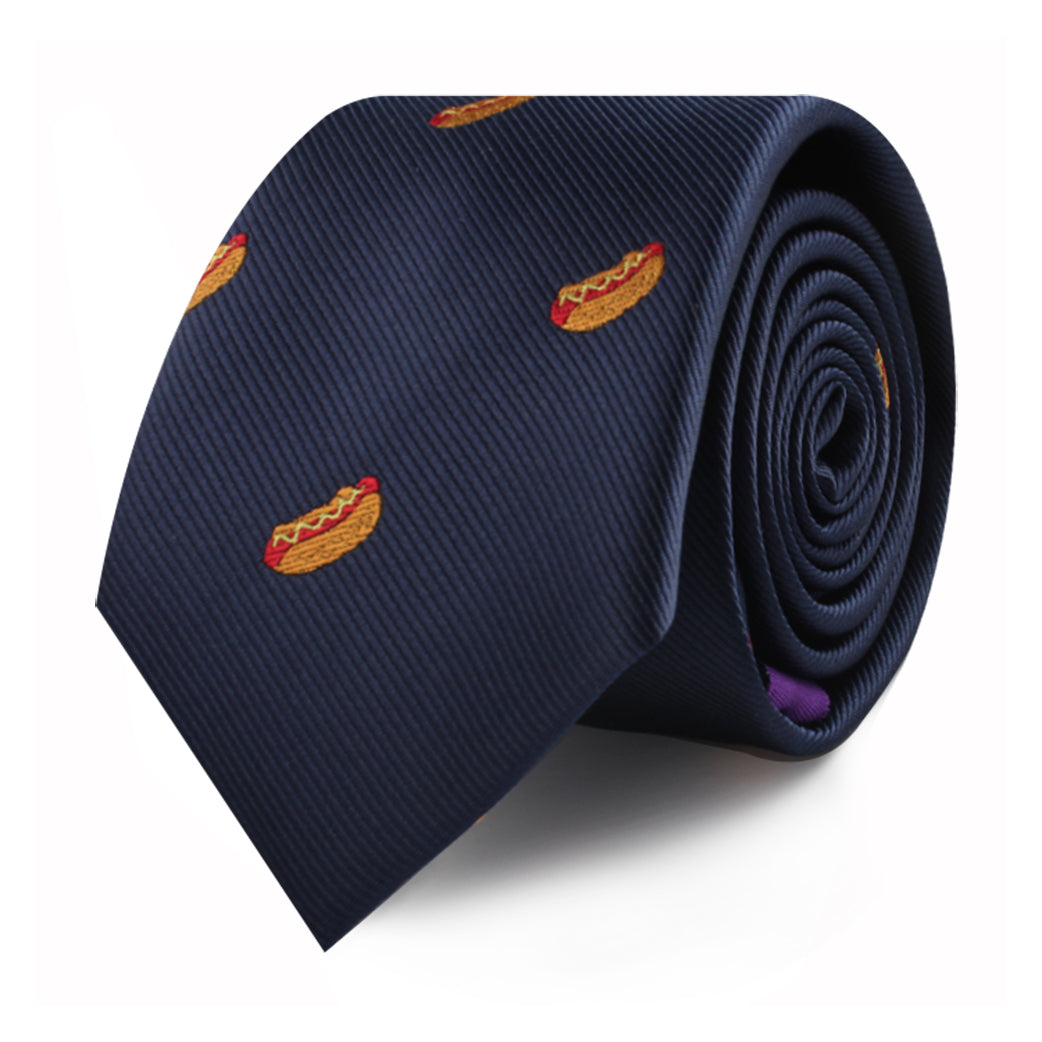 Product Data: A culinary-themed "Hotdog Skinny Tie" in navy blue, featuring a charming design with small hotdog motifs embroidered throughout.