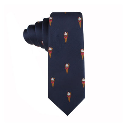 Navy blue Ice Cream Skinny Tie with a pattern of colorful ice cream cones, exhibiting a sweet style, rolled up and displayed against a white background.