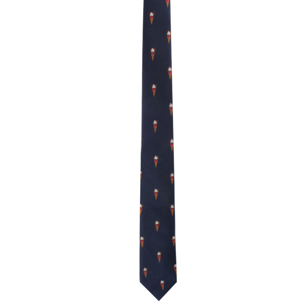 A Ice Cream Skinny Tie featuring a pattern of small red shields with a yellow motif on an isolated white background, adding a touch of sweetness to its classic style.