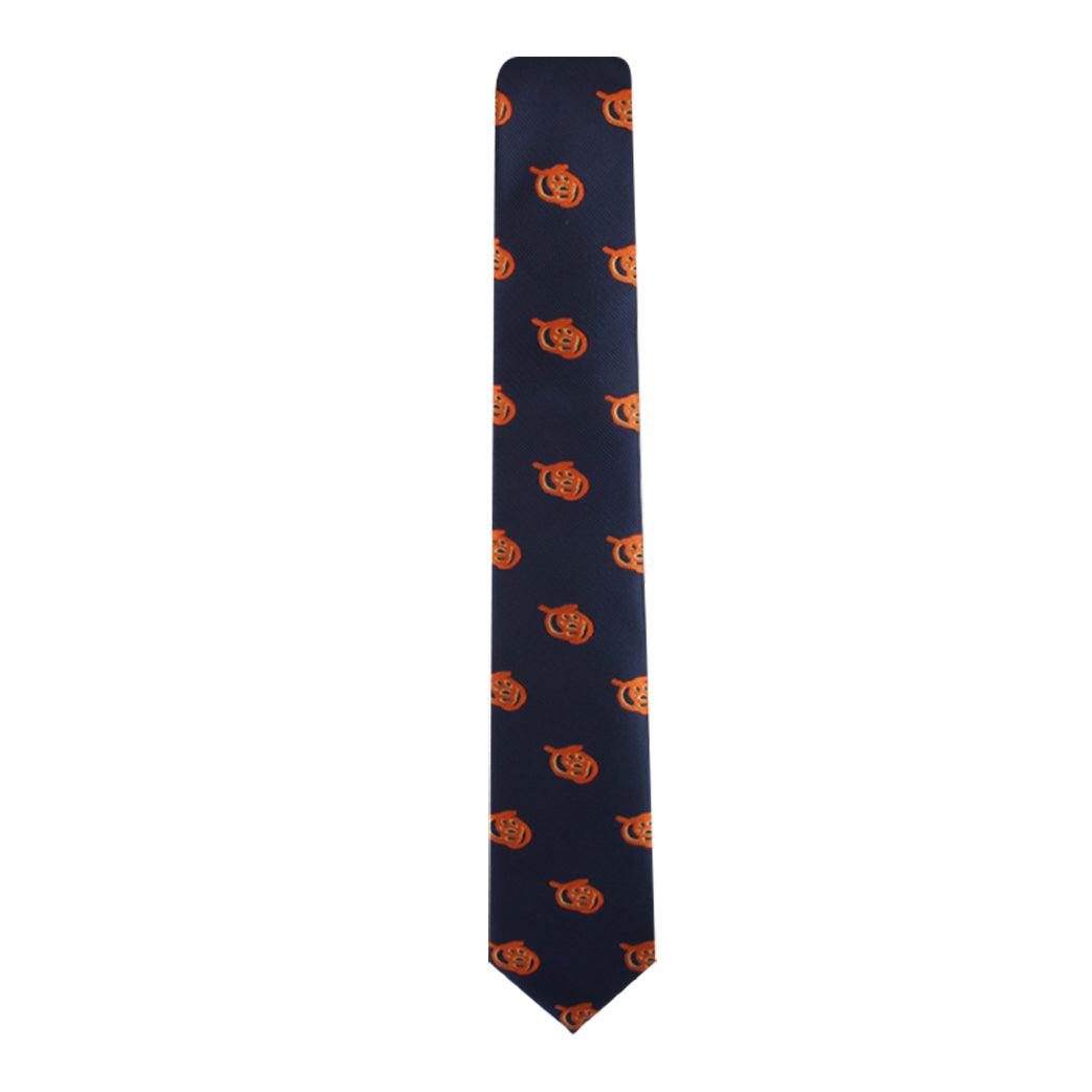 The Pretzel Skinny Tie, featuring a navy blue base adorned with an orange jack-o'-lantern pattern, adds a twist of charisma to your outfit.