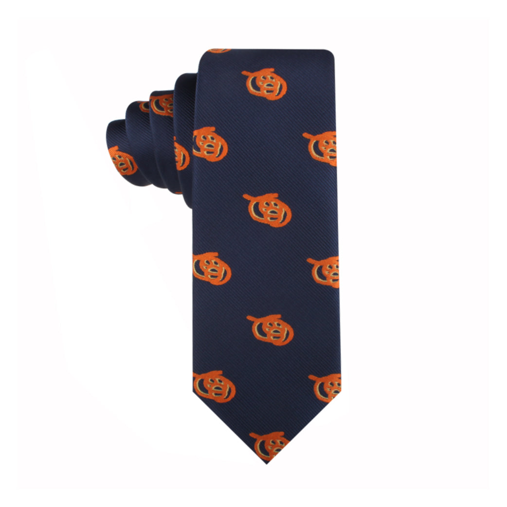 The Pretzel Skinny Tie features a charismatic dark blue background, adorned with repeating orange tiger head logos.