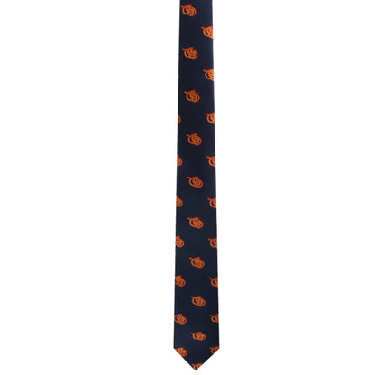 The Pretzel Skinny Tie in navy blue features a charismatic twist with its repeated pattern of orange pumpkin faces.