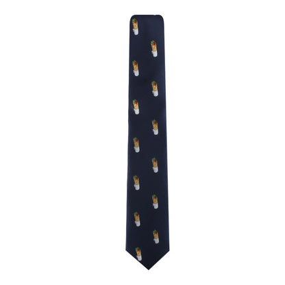 The Kebab Skinny Tie, a navy-blue accessory infused with fun, features a playful pattern of small burrito images.